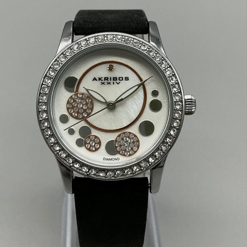 Akribos XXIV Womens Watch 34mmSilver Tone MOP Leather Crystals New Battery